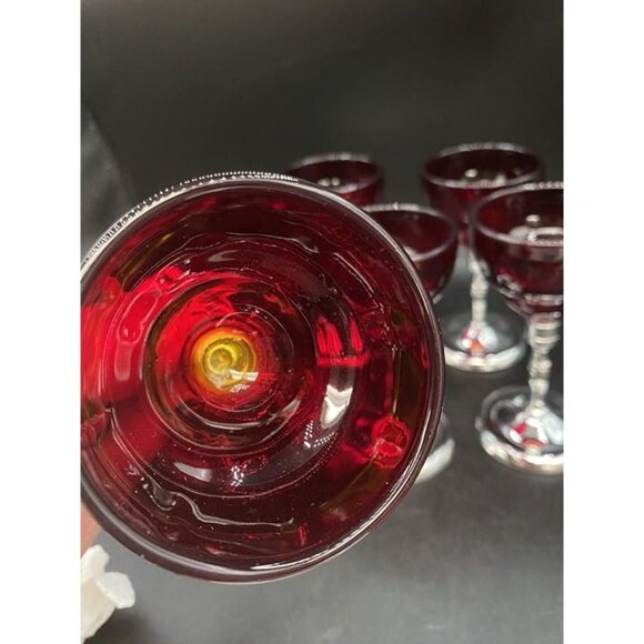 Moondrop Ruby Red Glass Cordial W/ Metal chrome Stem Martinsville Set 5 - Picture 7 of 12